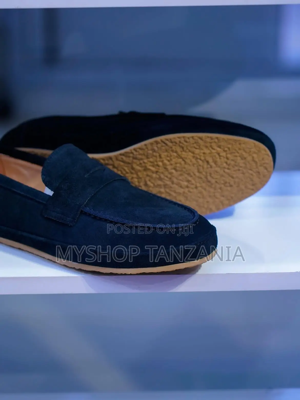 Navy Suede Penny Loafers by Brunello Cucinelli
