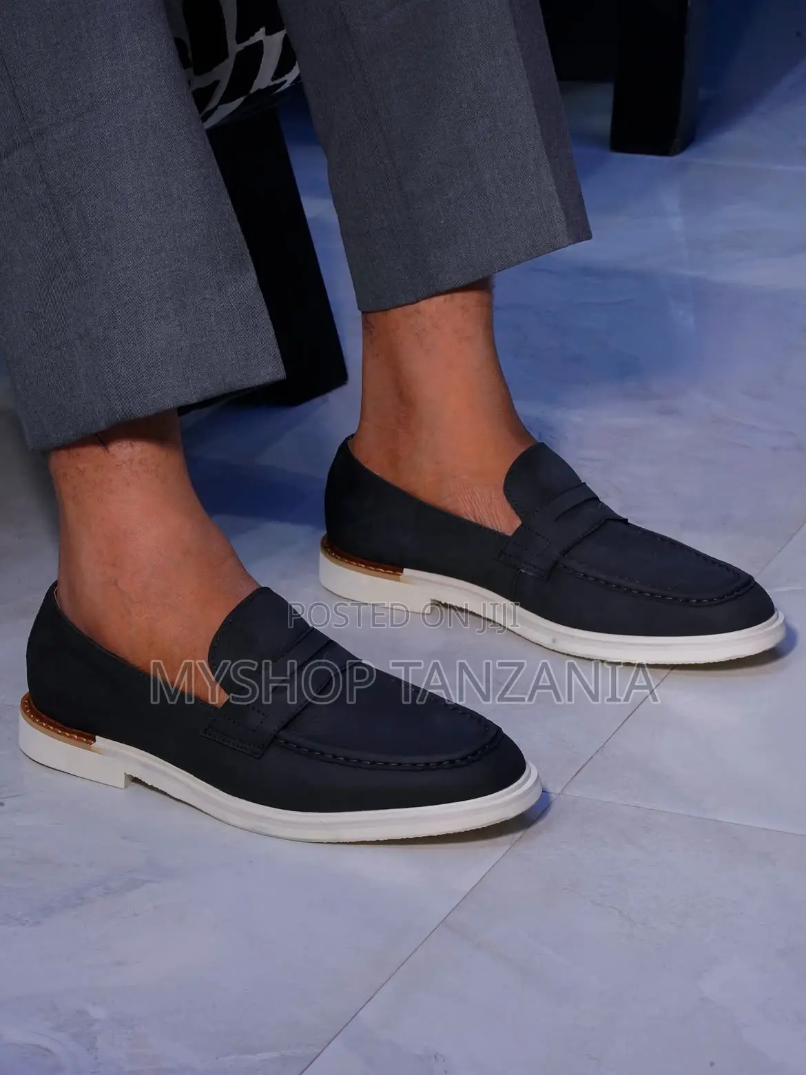 Santoni Navy Blue Slip-on Loafers