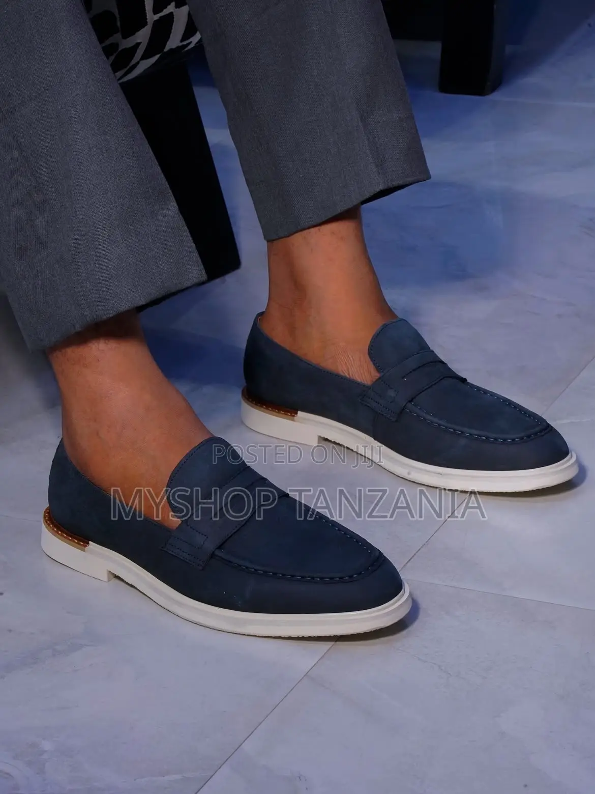 Navy Blue Suede Penny Loafers