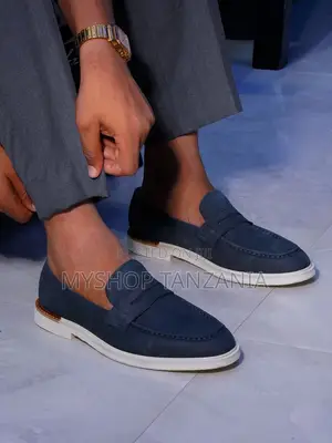 Navy Blue Suede Penny Loafers