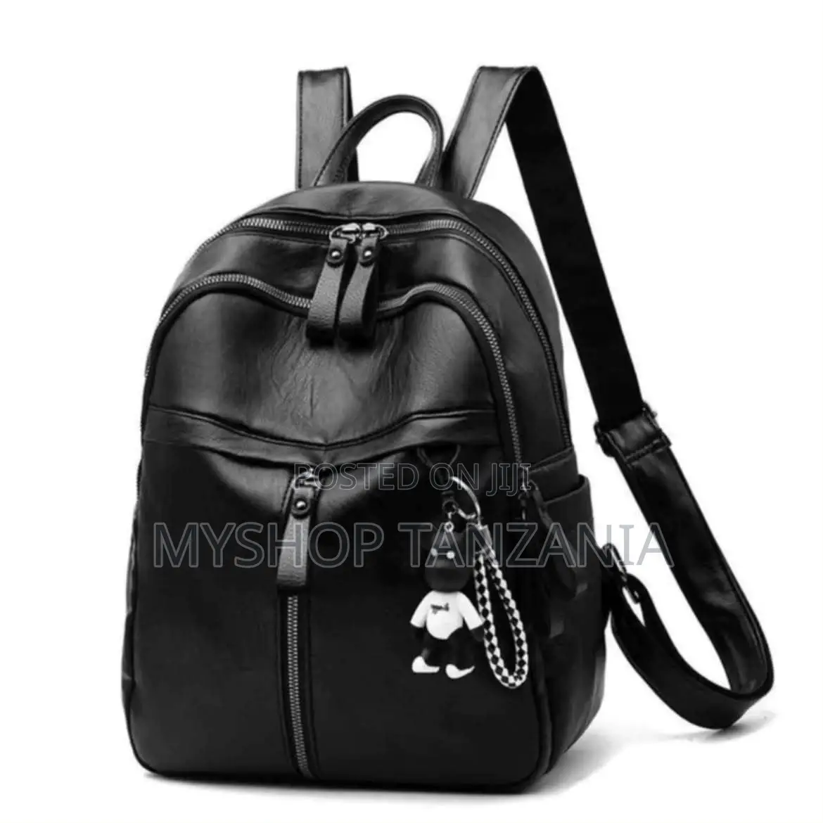 Leather Backpack a Front Zipper Pocket and a Small Decorative Bear