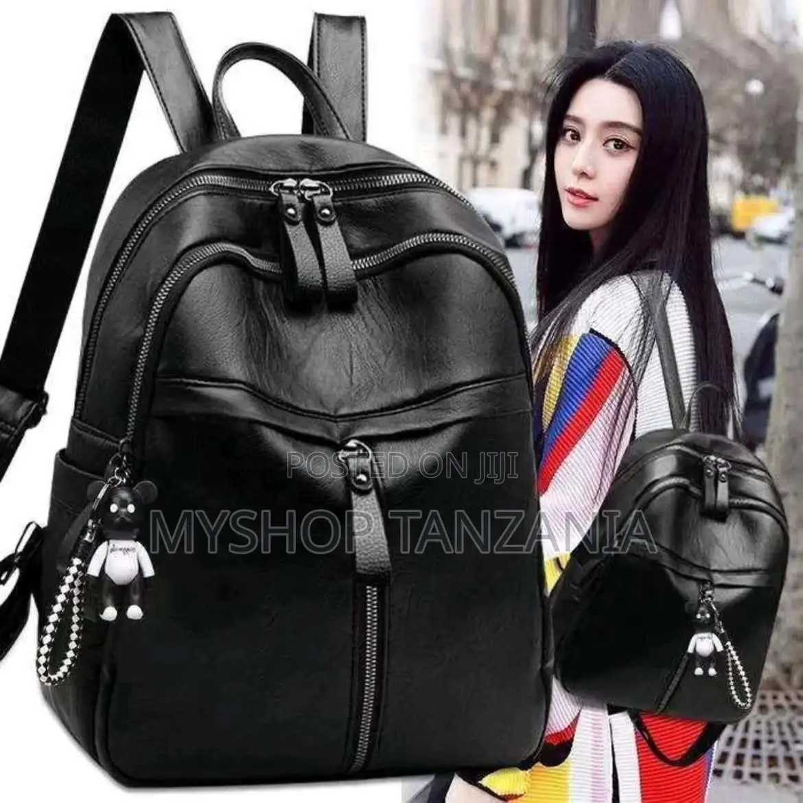 Leather Backpack a Front Zipper Pocket and a Small Decorative Bear