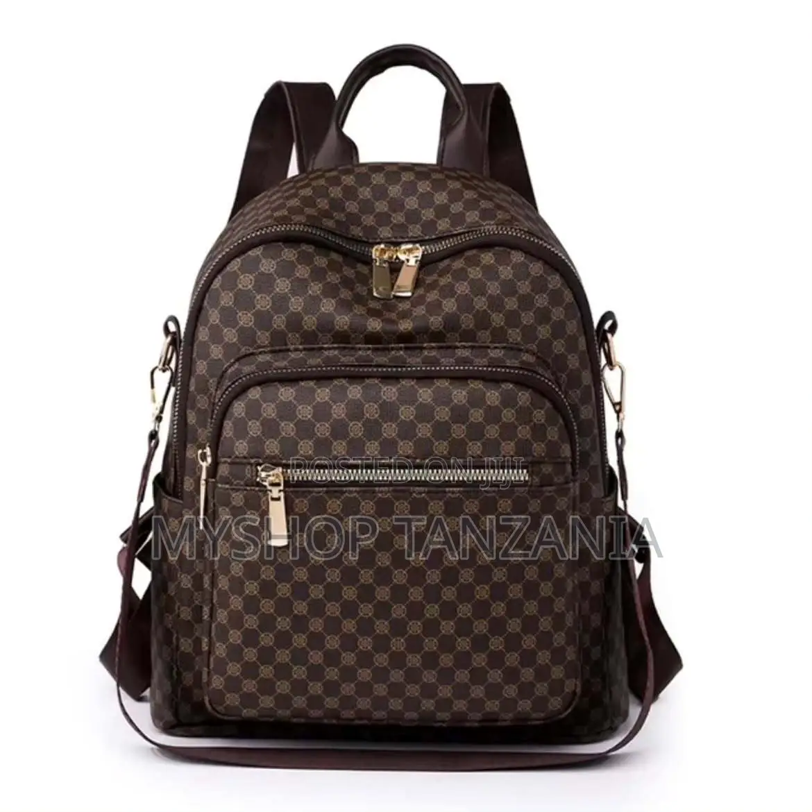 Brown and White Checkered Pattern PU Leather Backpack