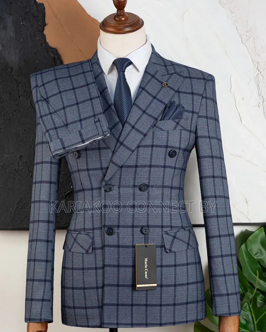 Men’s Luxury Double-Breasted Plaid Suit – Elegant Blue