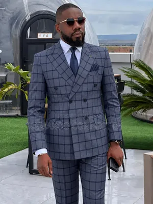 Men’s Luxury Double-Breasted Plaid Suit – Elegant Blue
