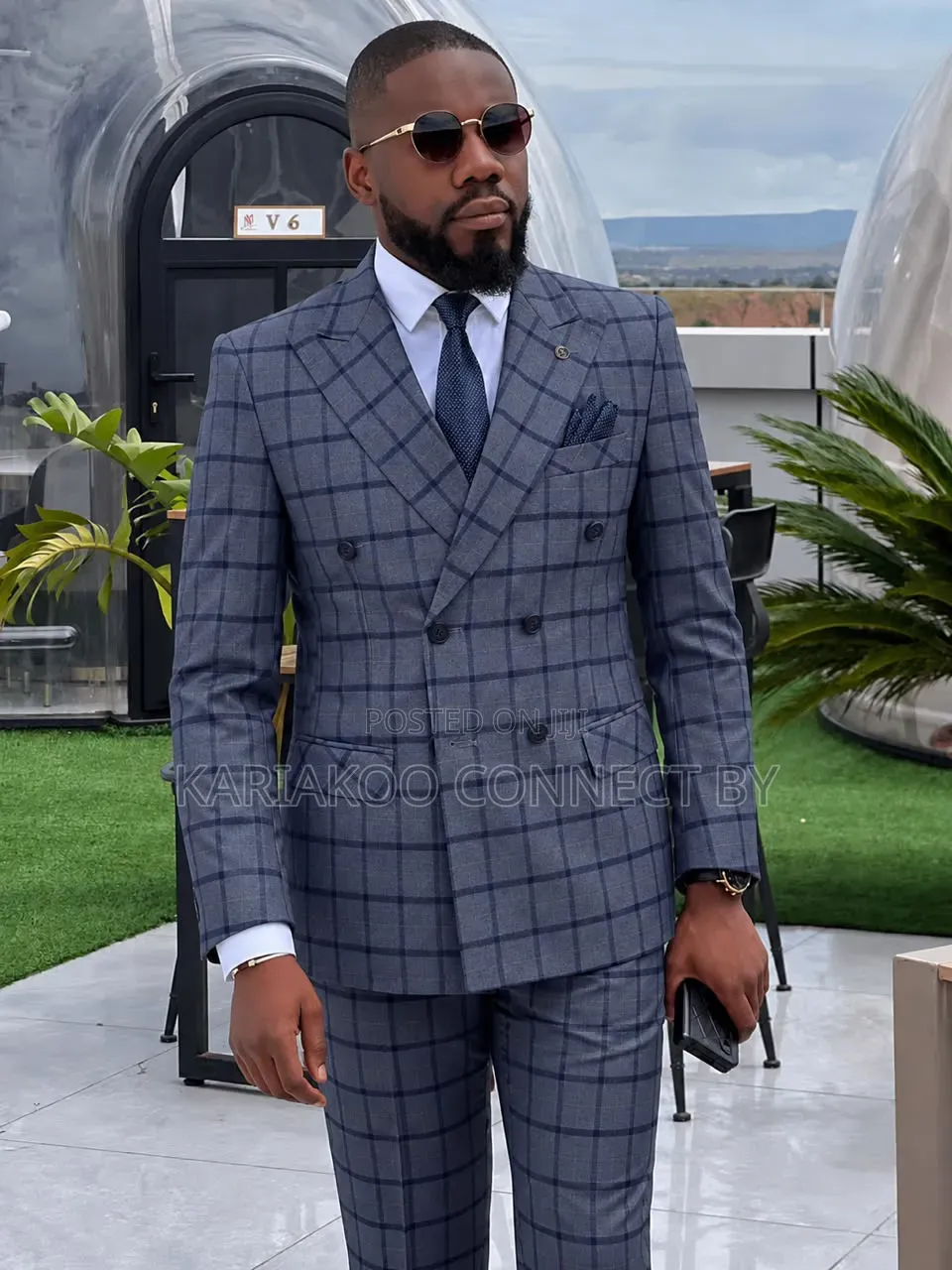 Men’s Luxury Double-Breasted Plaid Suit – Elegant Blue