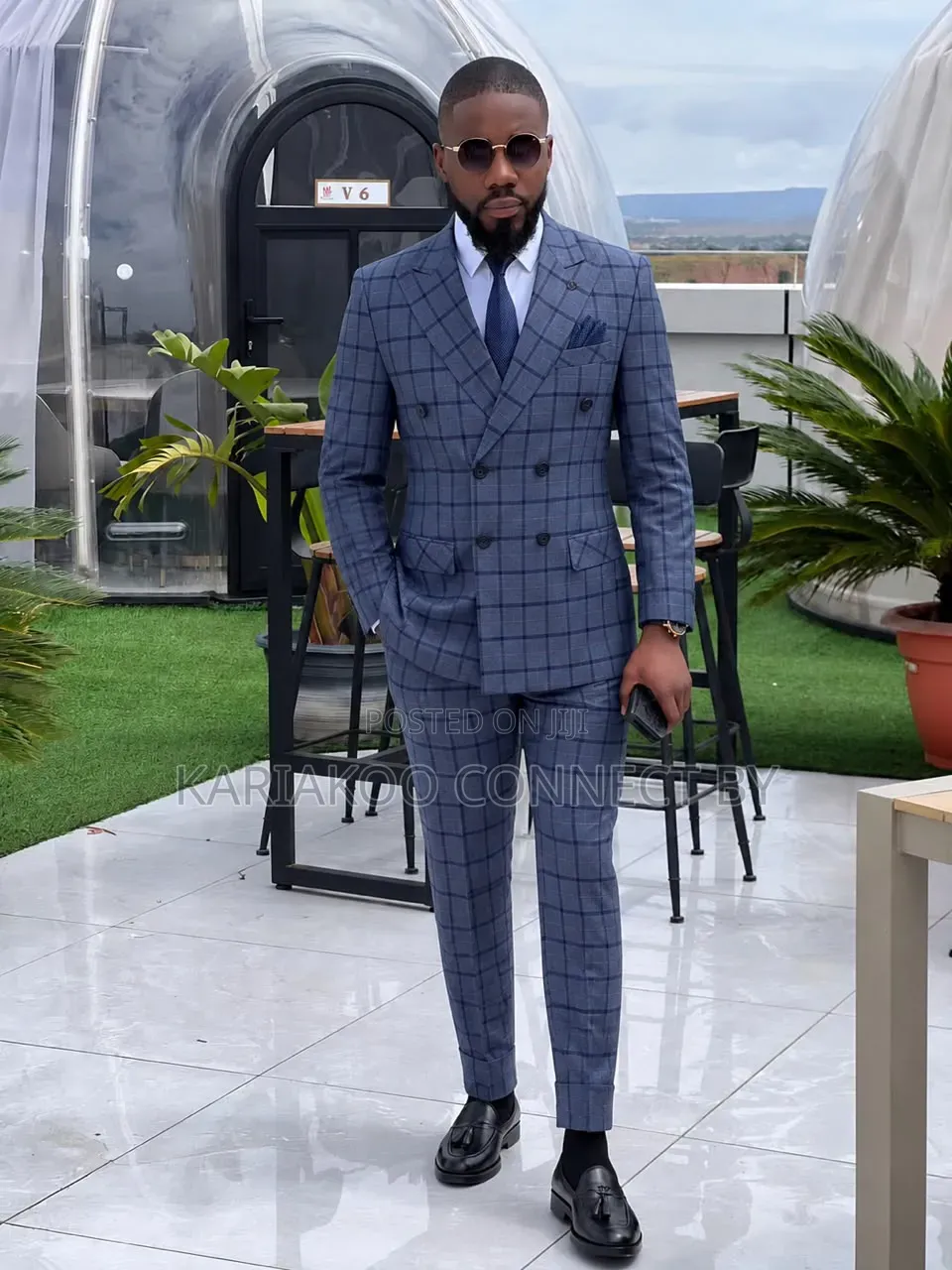 Men’s Luxury Double-Breasted Plaid Suit – Elegant Blue