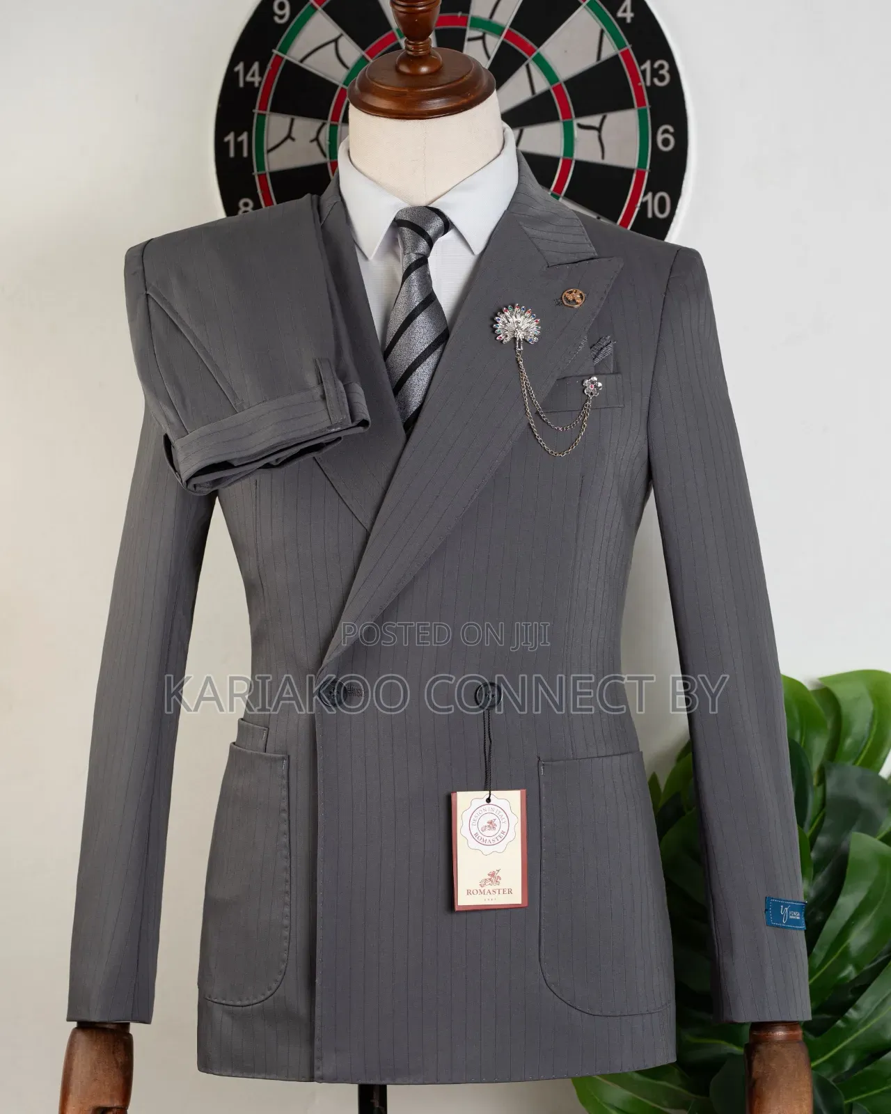 ​Gentleman's Dark Grey Pinstripe Slim-Fit Double-Breasted Suit