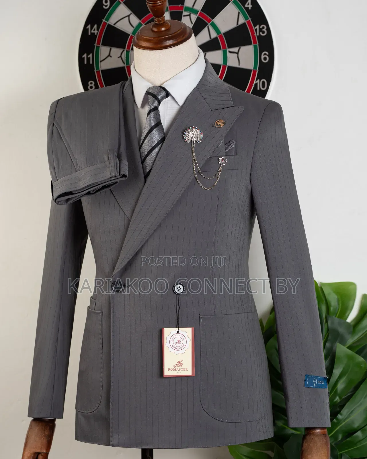 ​Gentleman's Dark Grey Pinstripe Slim-Fit Double-Breasted Suit