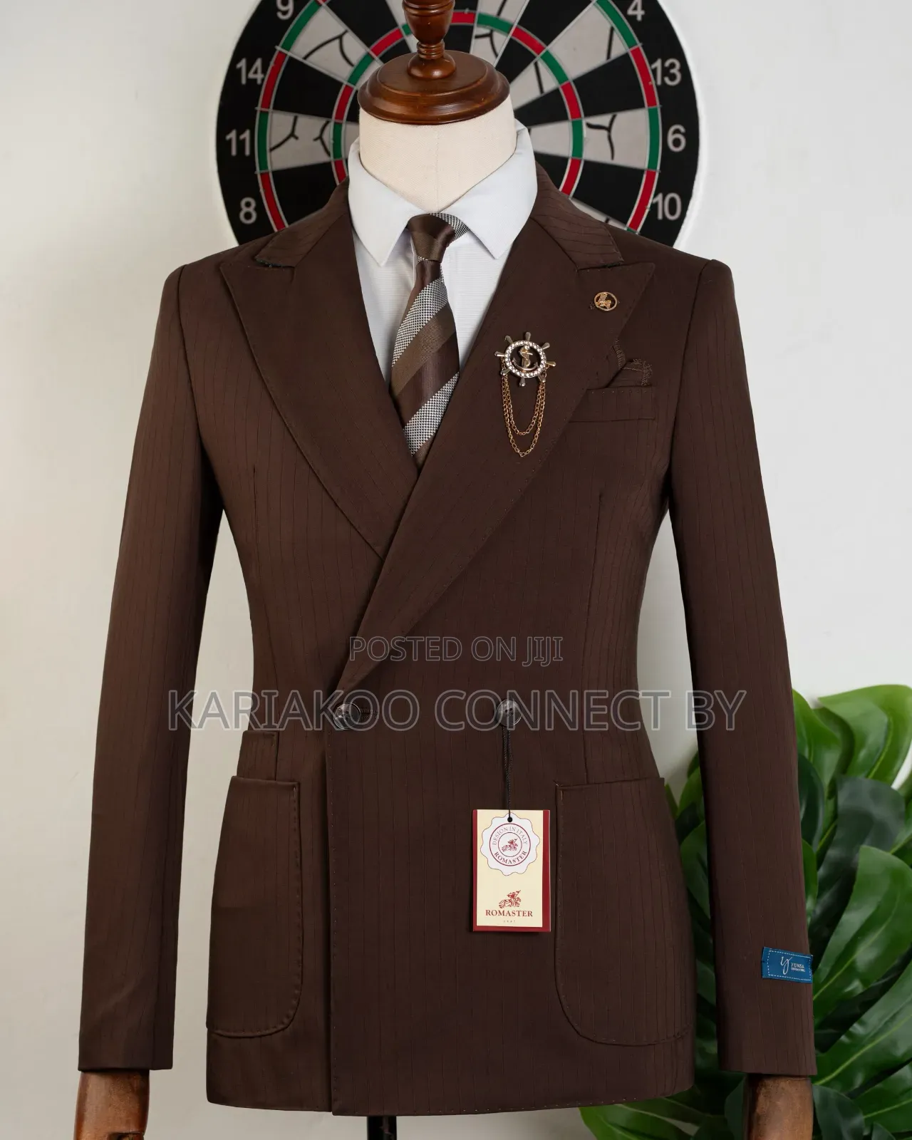 Men's Classic Dark Brown Pinstripe Double-Breasted Suit