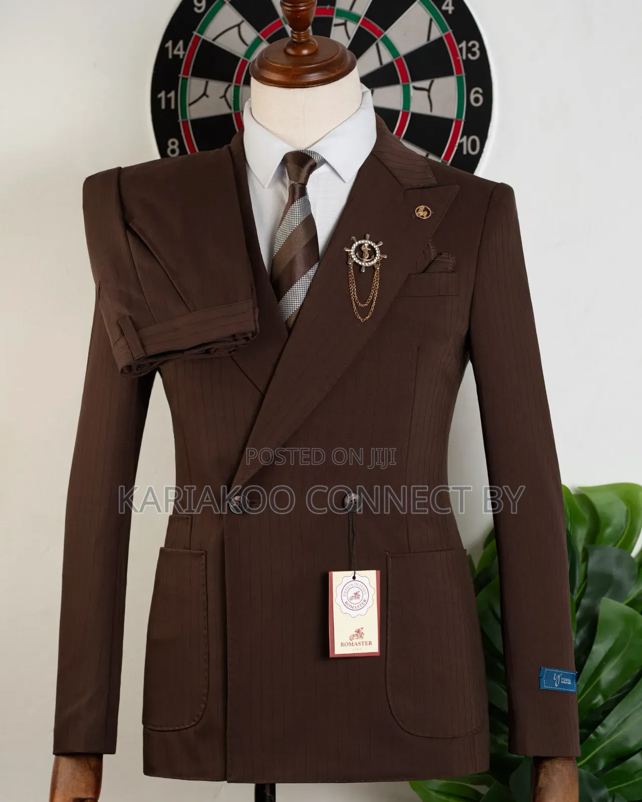 Men's Classic Dark Brown Pinstripe Double-Breasted Suit