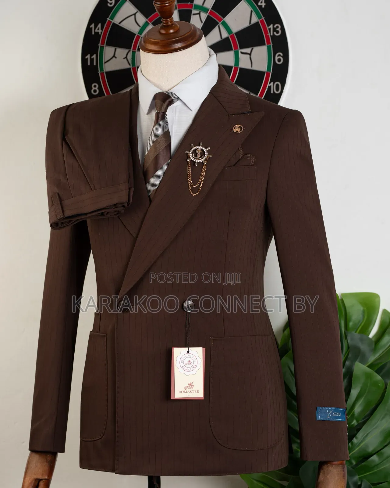 Men's Classic Dark Brown Pinstripe Double-Breasted Suit