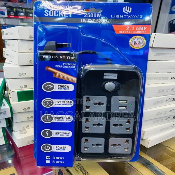 Lightwave 52U Power Extension -5 Sockets,3m Cable Length 2 USB Ports