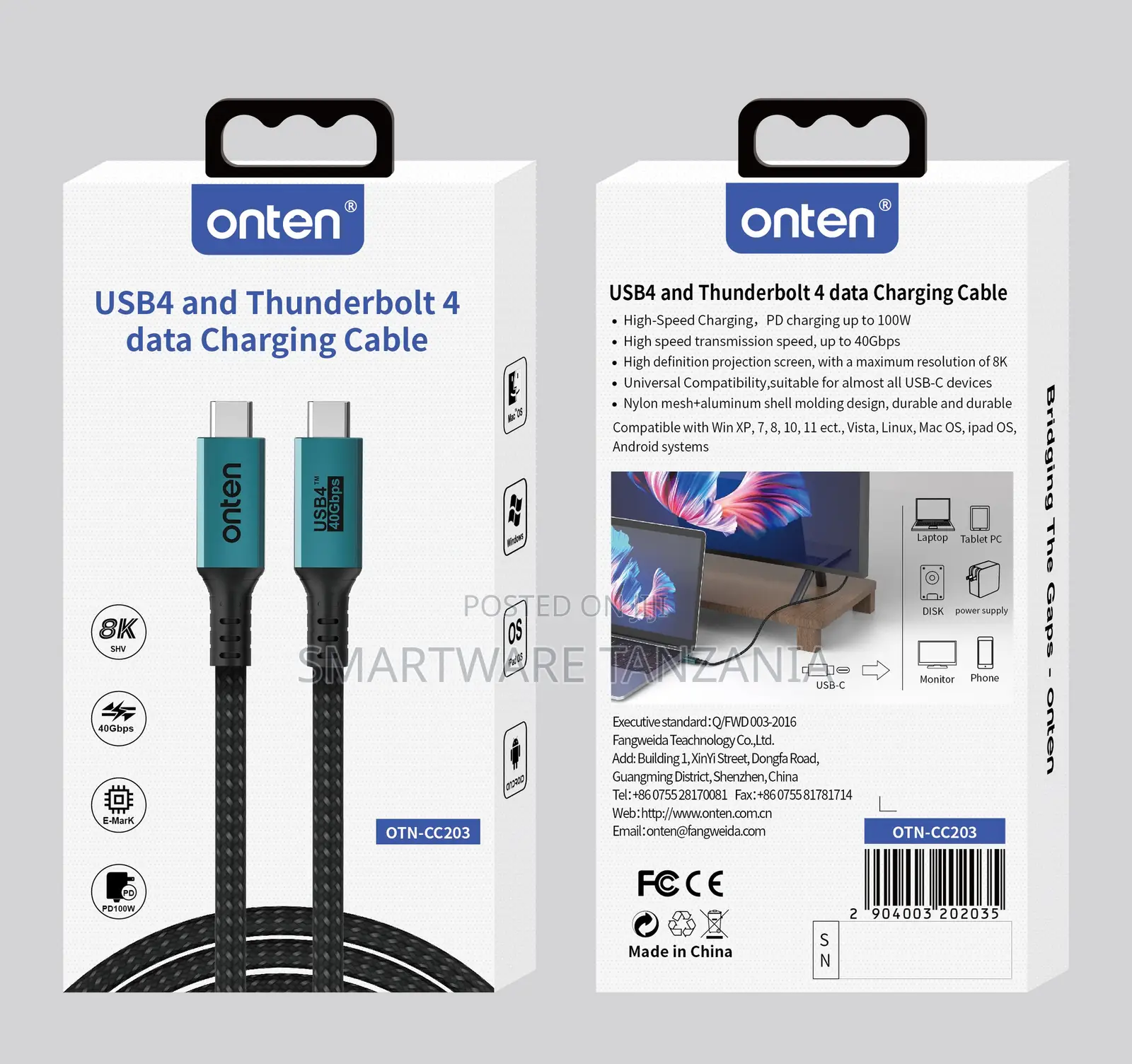 Onten USB4 and Thunderbolt 4 Data Charging Cable, 100W, 40Gbps