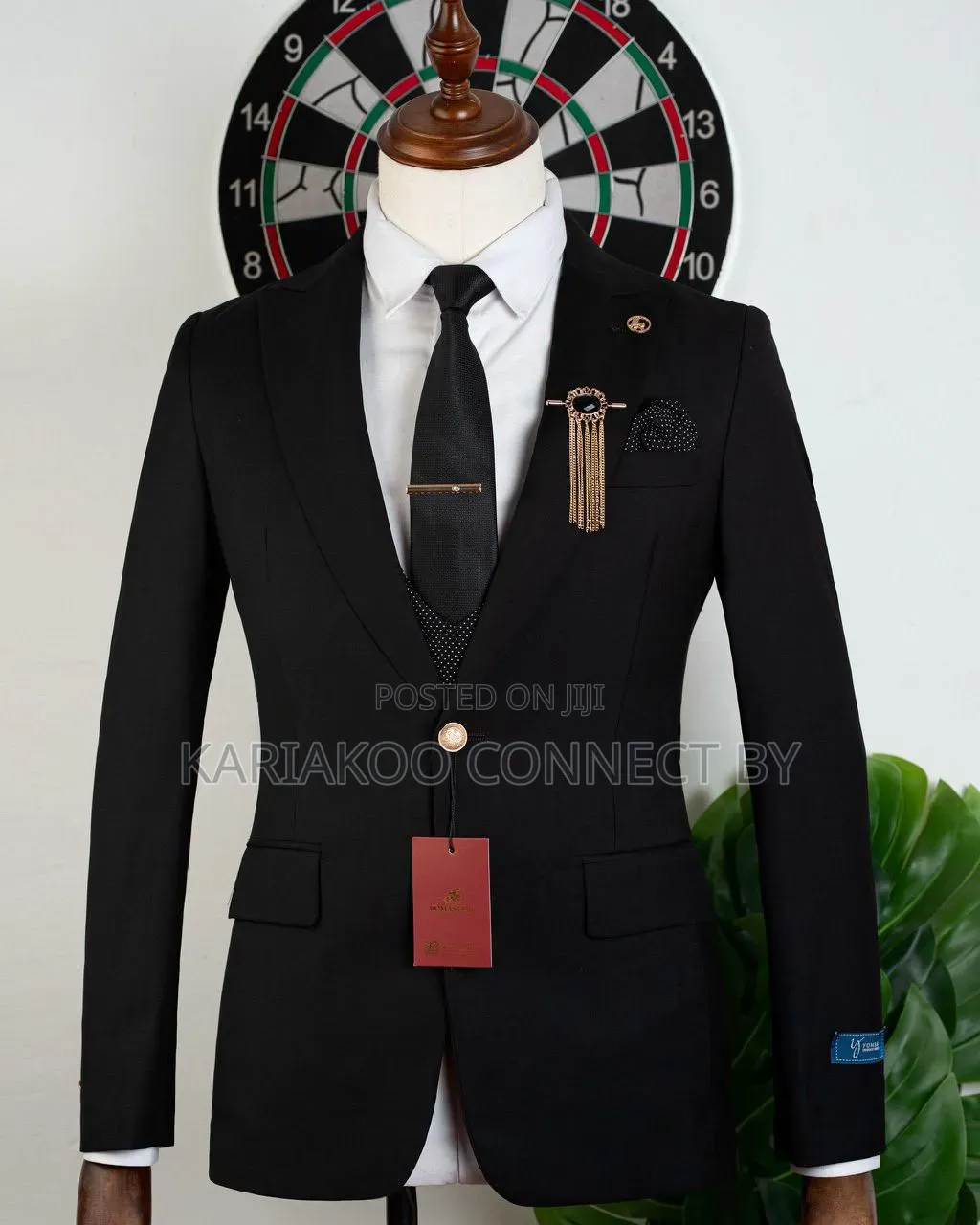 Executive Black Slim Fit 3-Piece Suit With Gold Button