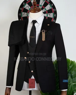 Executive Black Slim Fit 3-Piece Suit With Gold Button