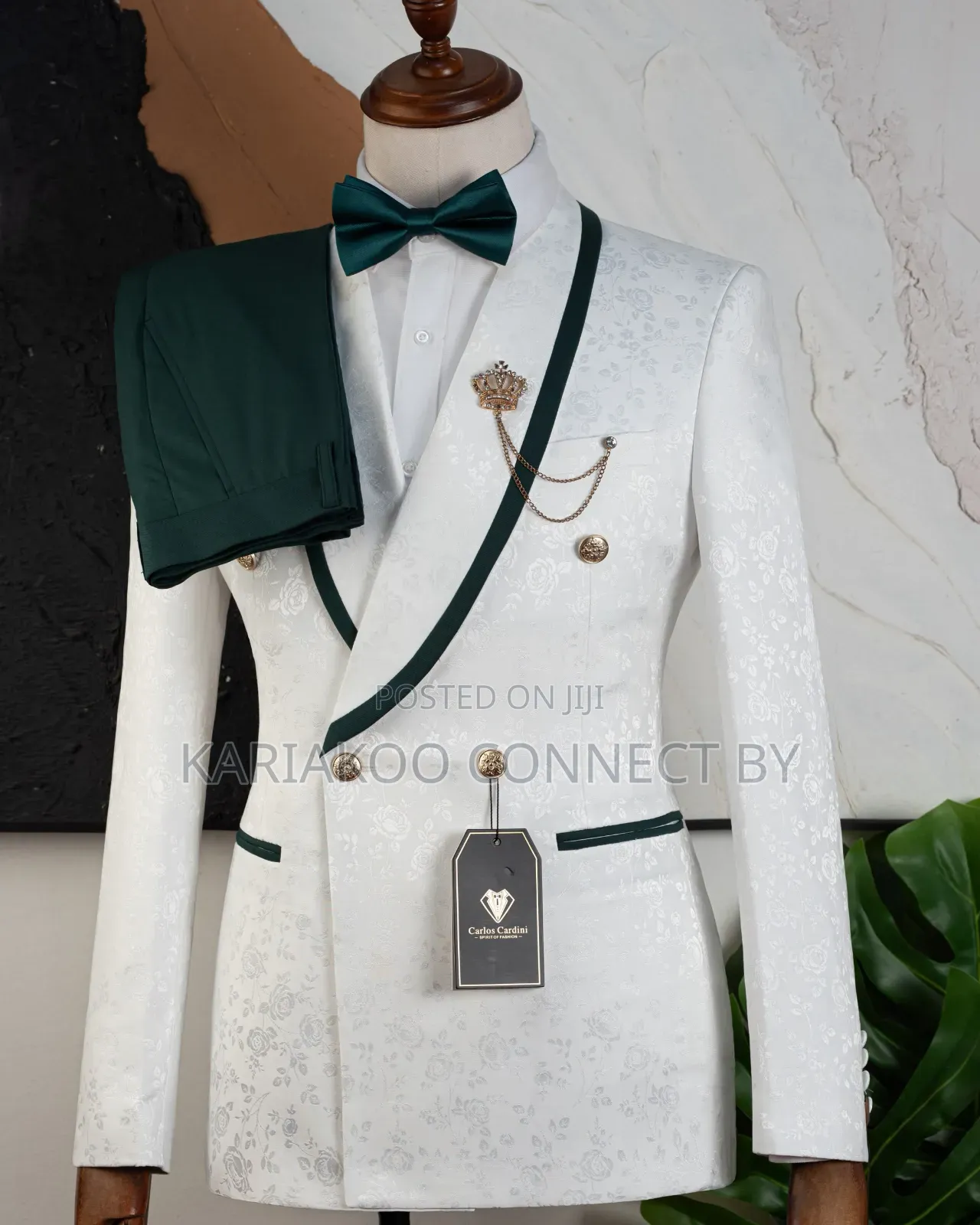 Carlos Cardini Royal White Emerald Green Tuxedo Suit