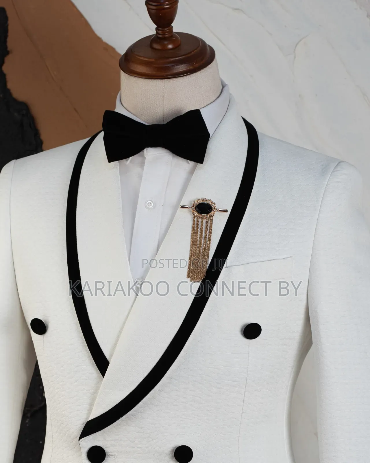 ​Carlos Cardini Off-White Black Velvet Tuxedo Suit