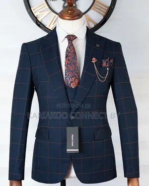 Luxury Navy Blue Brown Check 3-Piece Suit 