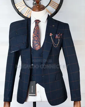Luxury Navy Blue Brown Check 3-Piece Suit 