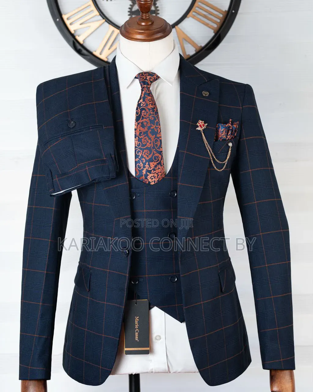 Luxury Navy Blue Brown Check 3-Piece Suit 