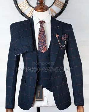 Luxury Navy Blue Brown Check 3-Piece Suit 