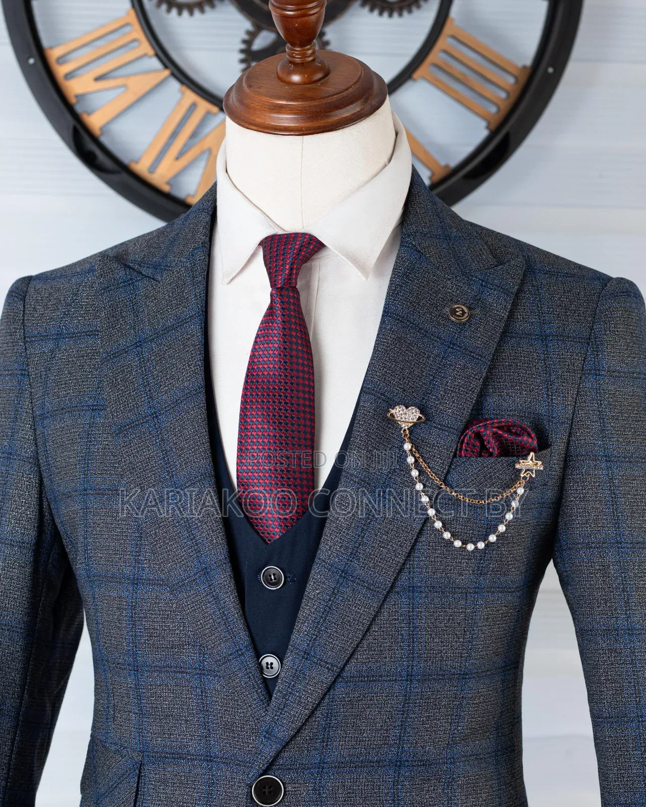 Exclusive Grey Plaid Navy 3-Piece Suit 