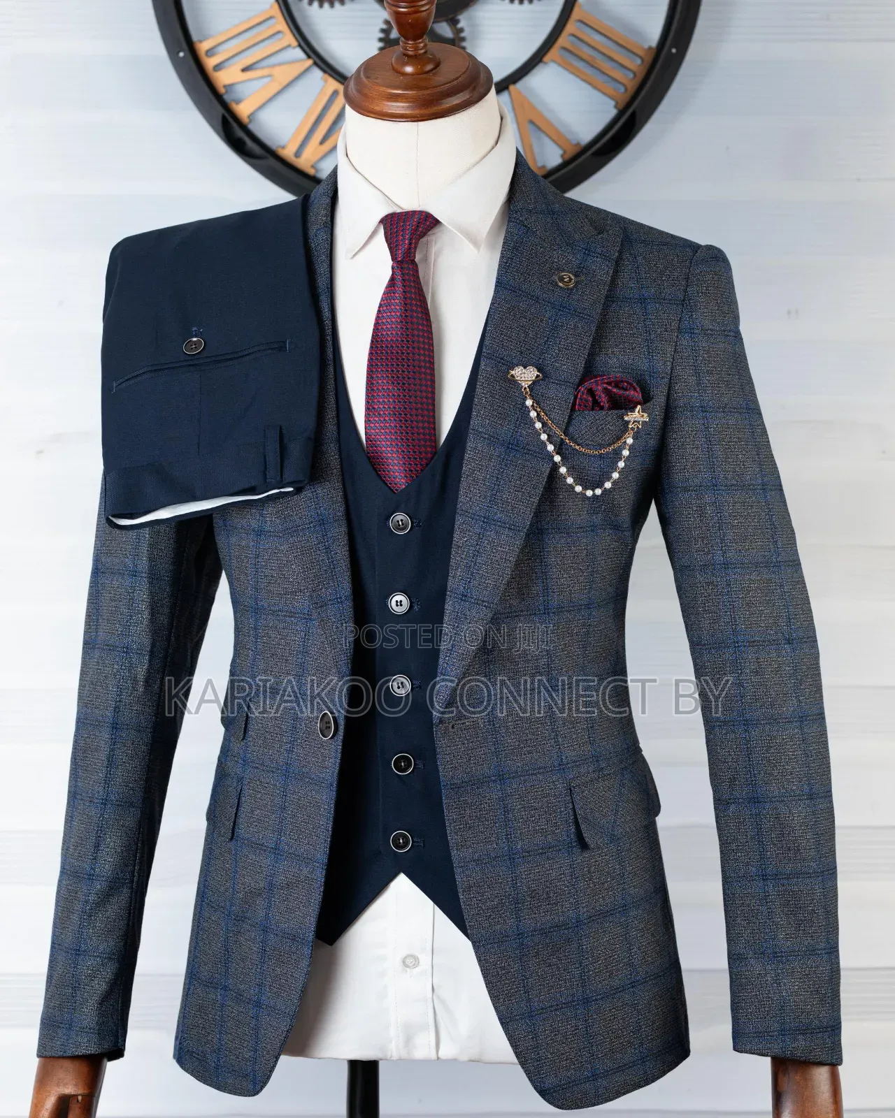Exclusive Grey Plaid Navy 3-Piece Suit 