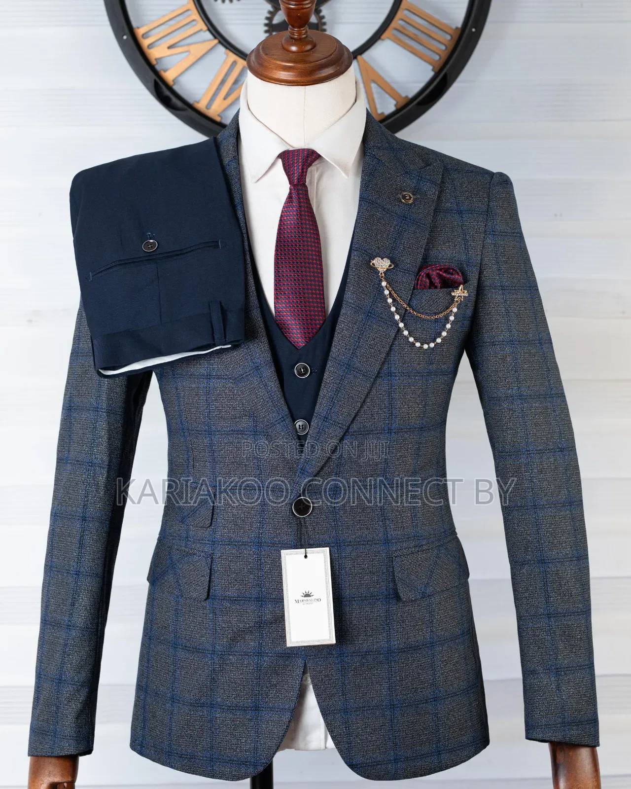 Exclusive Grey Plaid Navy 3-Piece Suit 