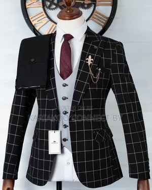Executive Black Grid Check Suit With Light Grey Vest 