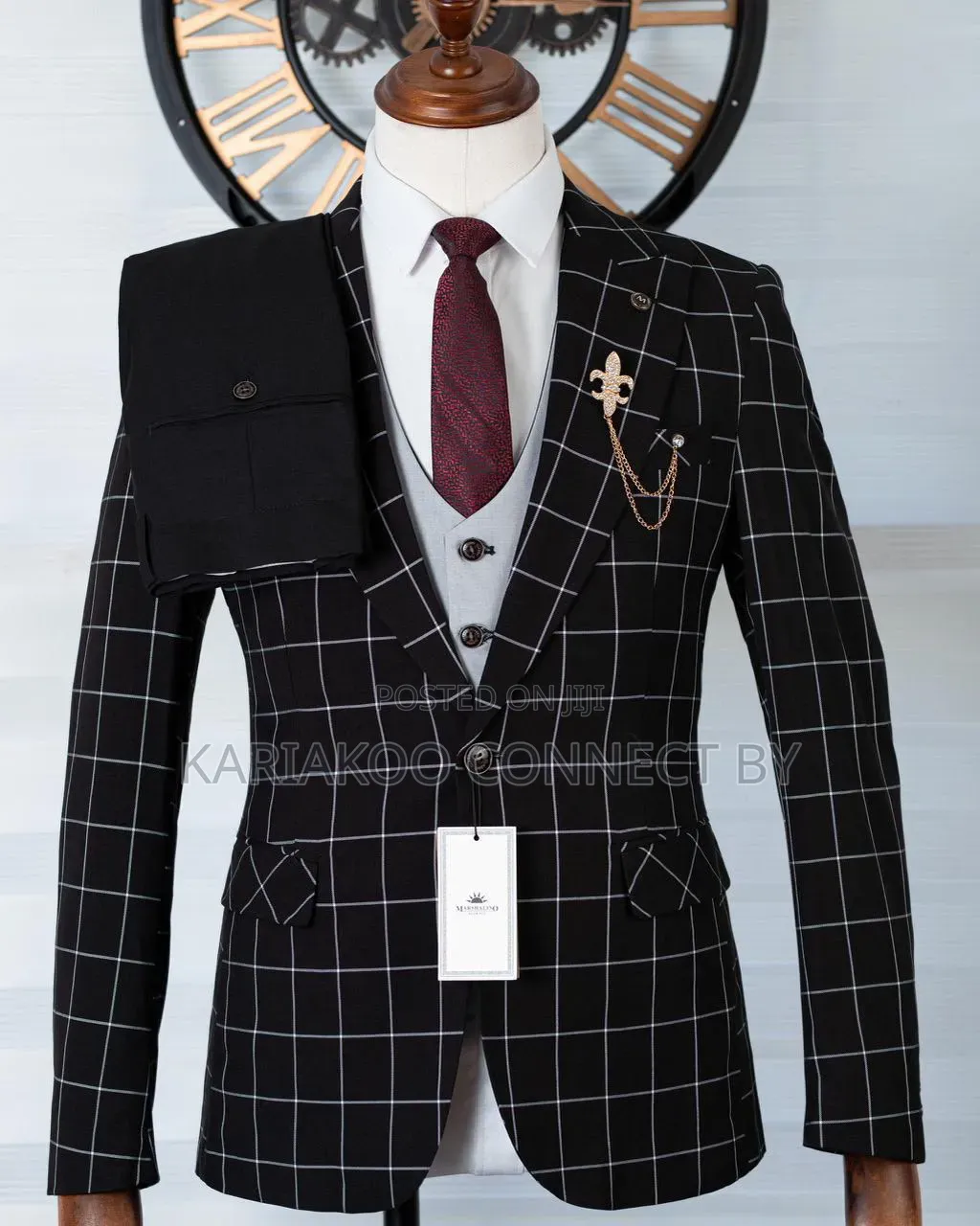 Executive Black Grid Check Suit With Light Grey Vest 
