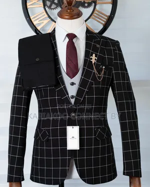 Executive Black Grid Check Suit With Light Grey Vest 