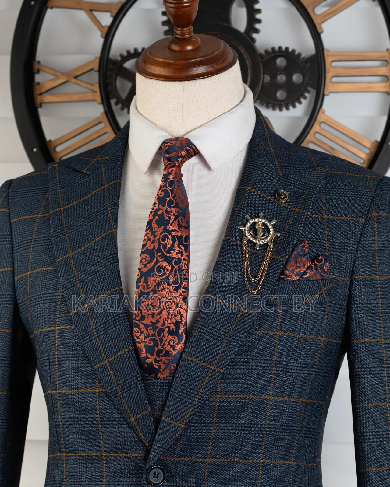 Exclusive Navy Blue Gold Check 3-Piece Suit 