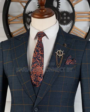 Exclusive Navy Blue Gold Check 3-Piece Suit 
