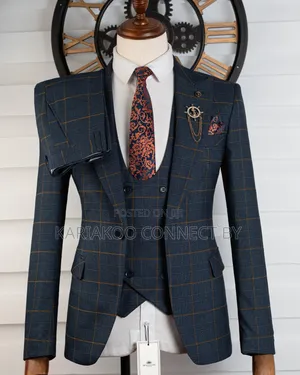 Exclusive Navy Blue Gold Check 3-Piece Suit 