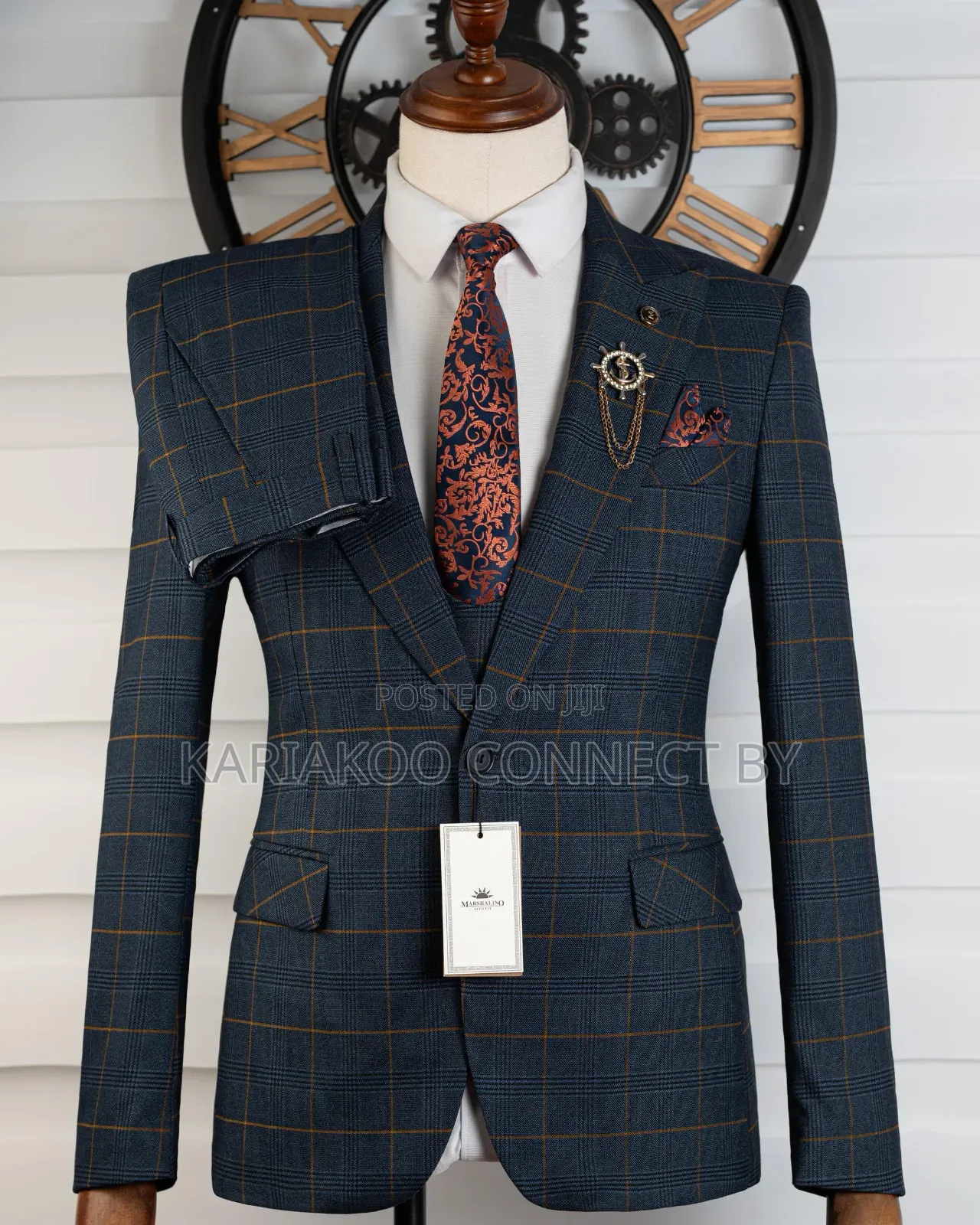 Exclusive Navy Blue Gold Check 3-Piece Suit 
