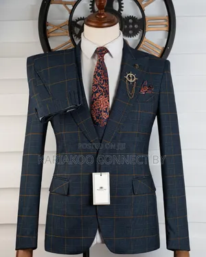 Exclusive Navy Blue Gold Check 3-Piece Suit 