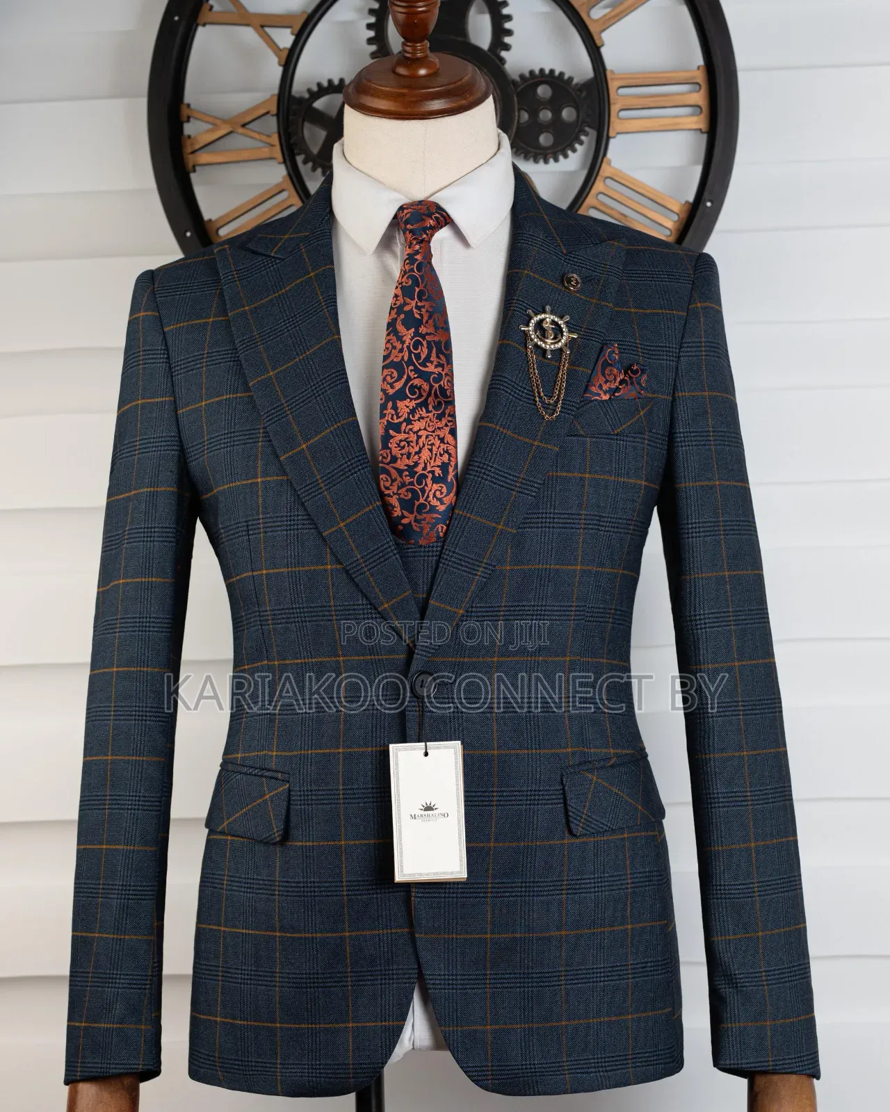 Exclusive Navy Blue Gold Check 3-Piece Suit 