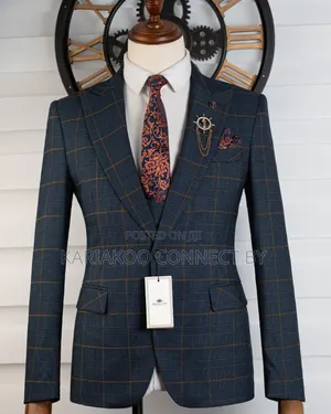 Exclusive Navy Blue Gold Check 3-Piece Suit 