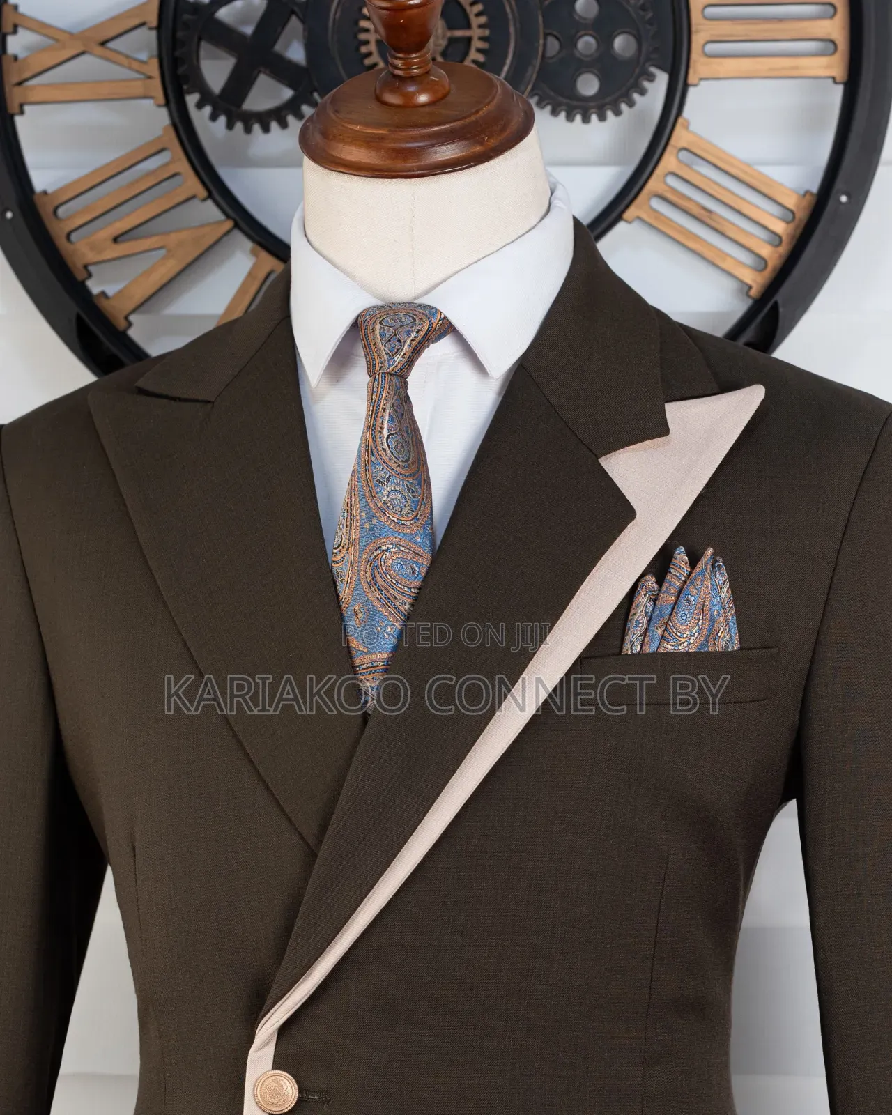 Men's Modern Dark Brown Beige Asymmetrical Suit Set