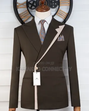 Men's Modern Dark Brown Beige Asymmetrical Suit Set
