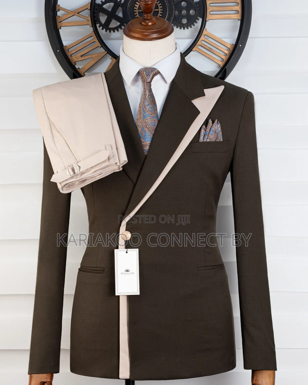 Men's Modern Dark Brown Beige Asymmetrical Suit Set