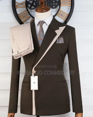 Men's Modern Dark Brown Beige Asymmetrical Suit Set