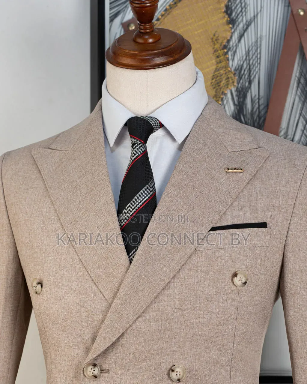 Men's Designer Beige Textured Double-Breasted Slim Fit Suit
