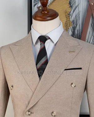 Men's Designer Beige Textured Double-Breasted Slim Fit Suit