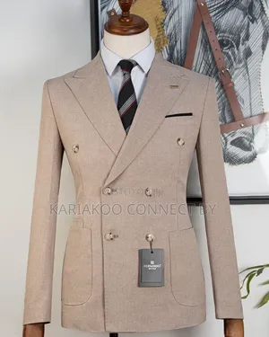 Men's Designer Beige Textured Double-Breasted Slim Fit Suit