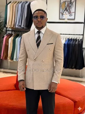 Men's Designer Beige Textured Double-Breasted Slim Fit Suit