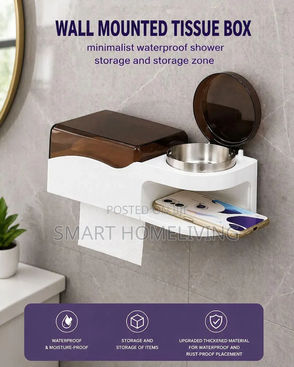 Multifunctional, Wall-Mounted Bathroom Tissue Holder and Organizer