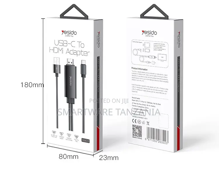 Yesido USB-C to HDMI Adapter, at 60Hz, 1.8m Cable Length, Aluminum