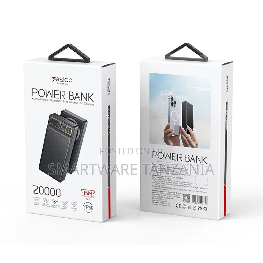 Yesido 20000mAh Power Bank With LED Display 15W Wireless Fast Charging